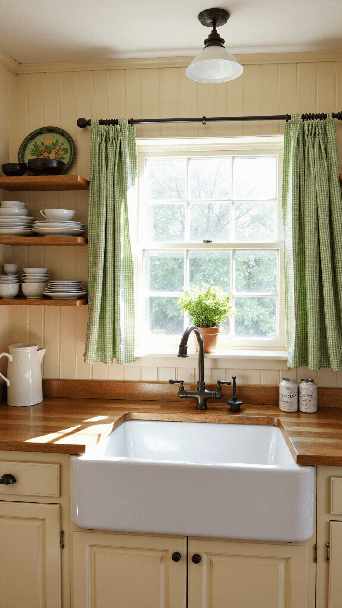 Cheerful 10x12ft cottage kitchen with cream beadboard cabinets, bronze farmhouse sink, ironstone collection on open shelving, gingham curtains on window featuring herb garden, illuminated by natural afternoon light.