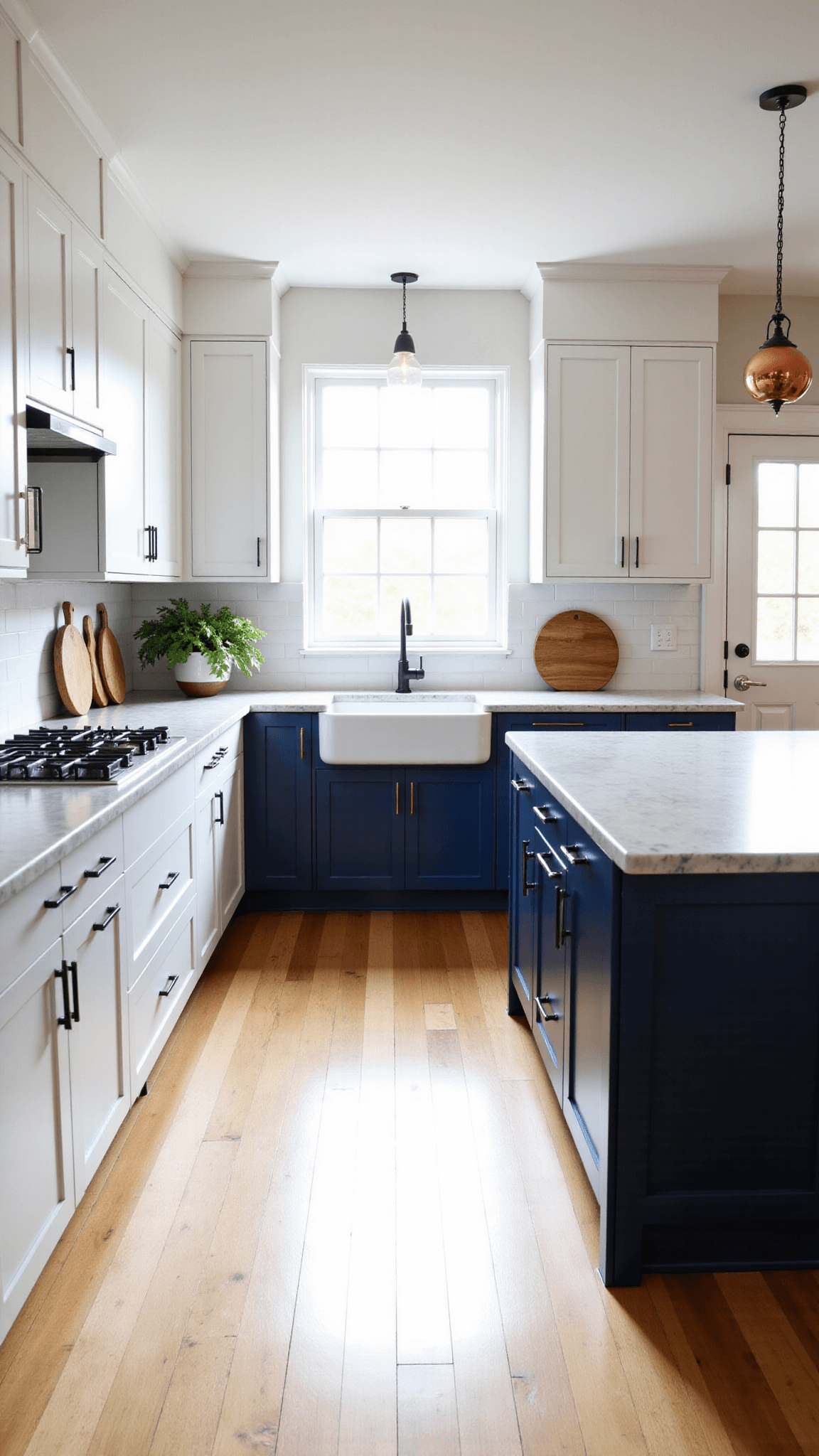 Sun-drenched contemporary kitchen with white Shaker cabinets, navy blue island, marble countertops, oak flooring, and farmhouse sink beneath large window, styled with copper pots and wooden cutting boards.