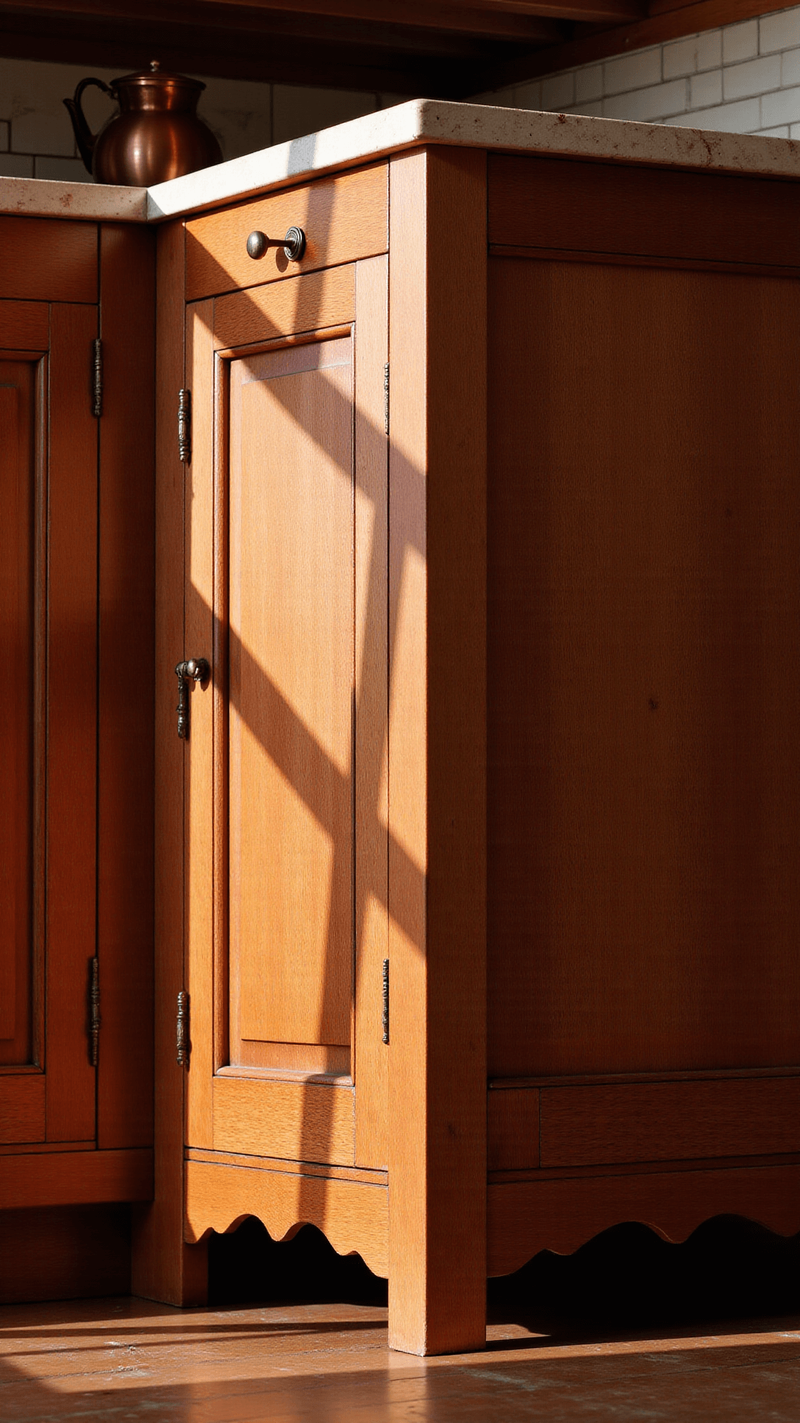 Close-up image showcasing the craftsmanship of cherry wood Shaker cabinets with antique brass hardware in a traditional kitchen setting, highlighted by late afternoon light casting diagonal shadows on detailed joinery.