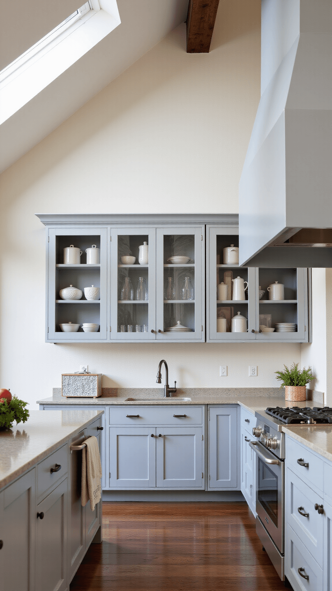 Spacious modern farmhouse kitchen with gray Shaker cabinets, concrete countertops, exposed beams, glass-front upper cabinets with white ironstone display, and market fresh vegetables on the counter, illuminated by morning light through skylights.
