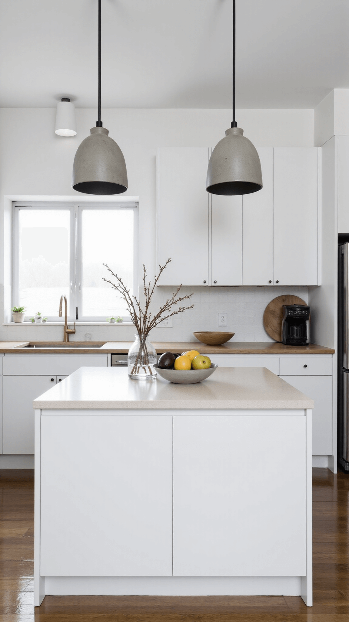 Minimalist Scandinavian kitchen featuring white shaker cabinets, pale oak waterfall island, stainless steel appliances and concrete pendant lights, styled with a clear vase, geometric fruit bowl and white ceramics, illuminated by cool morning light.