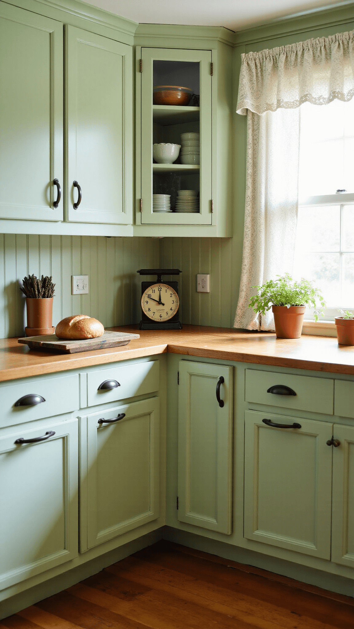Cozy cottage kitchen with sage green Shaker cabinets, vintage dishware in glass cabinet, butcher block counters, fresh baked bread and potted herbs with warm natural lighting