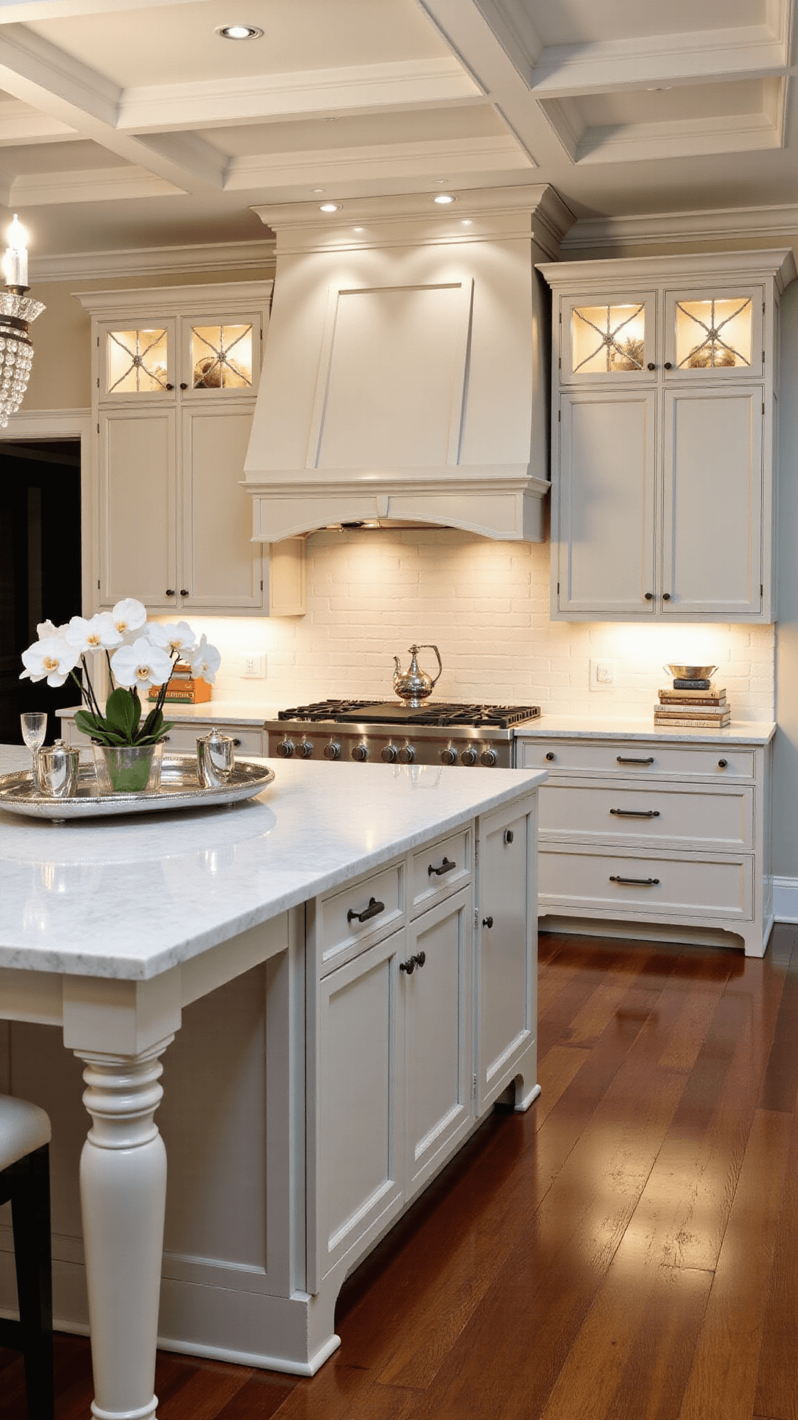Luxe 18x20ft transitional kitchen with greige Shaker cabinets, coffered ceiling, waterfall quartz center island, polished nickel hardware, and crystal chandelier photographed during golden hour from an elevated position, accessorized with white orchids, silver tea service, and artisanal cookbooks.