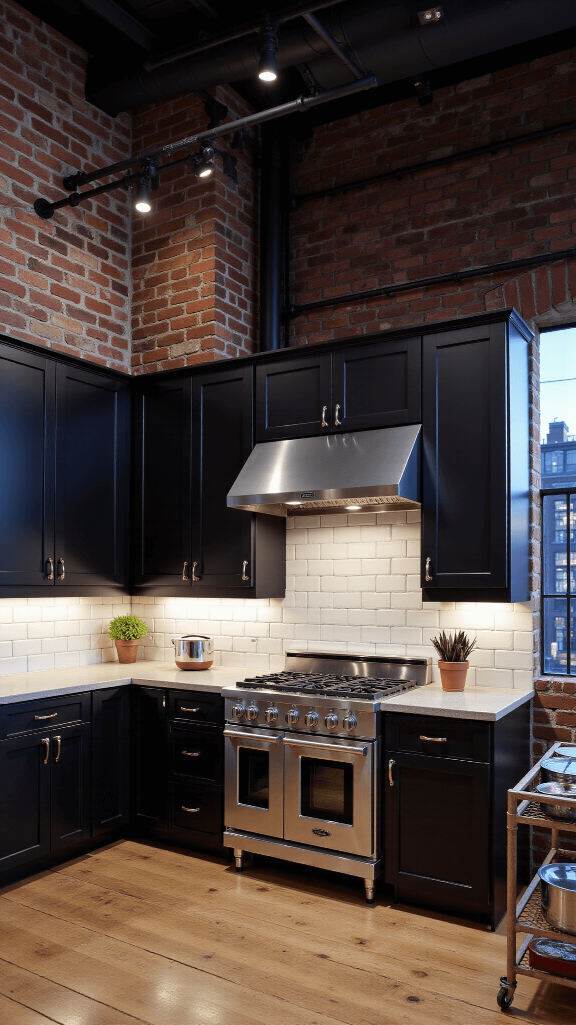 Industrial loft kitchen with black Shaker cabinets, stainless steel counters, and subway tile backsplash against exposed brick. Features include a vintage bar cart, professional cookware, industrial pendant lights, and city view through factory windows at dusk.