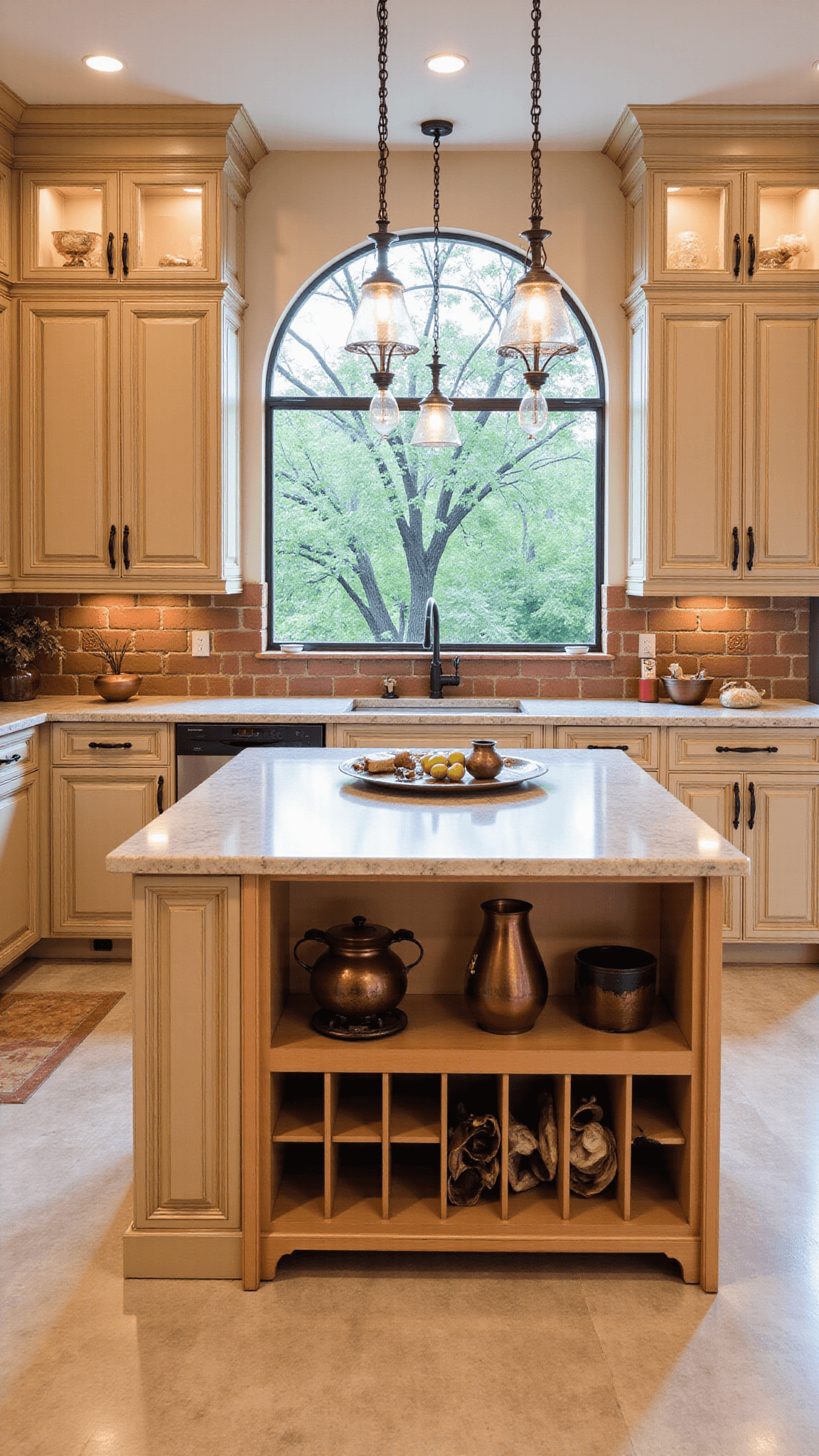 A spacious Mediterranean beige kitchen filled with golden hour light, featuring sand-toned carved cabinets, terracotta tile backsplash, wrought iron fixtures, limestone counters and floors, an island with built-in wine storage, and traditional plaster walls. Decorated with copper cookware and pottery and overlooking a Mediterranean garden through an arched window.