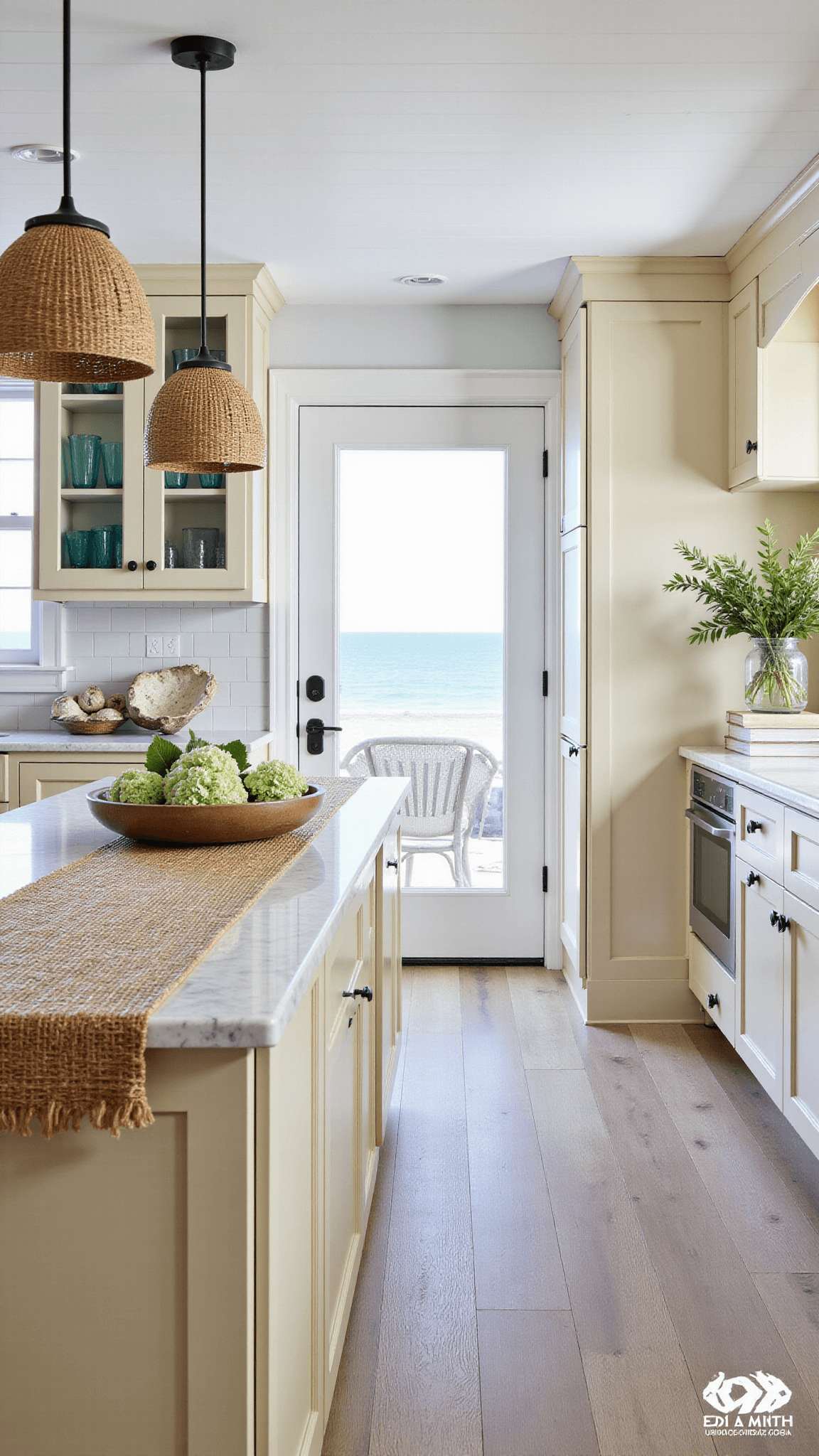 Brightly lit beach house kitchen with beige cabinets, sandstone counters, rattan pendant lights, and ocean view through windows, styled with coral, driftwood, and hydrangeas.