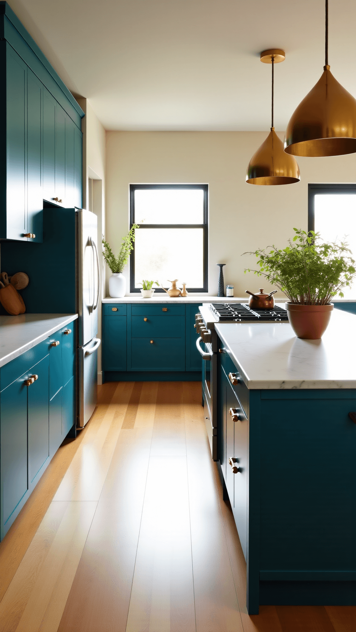 Contemporary kitchen with teal cabinets, white quartz countertops, brass pendant lights, marble-topped island, natural oak flooring, and golden hour light streaming through west-facing windows