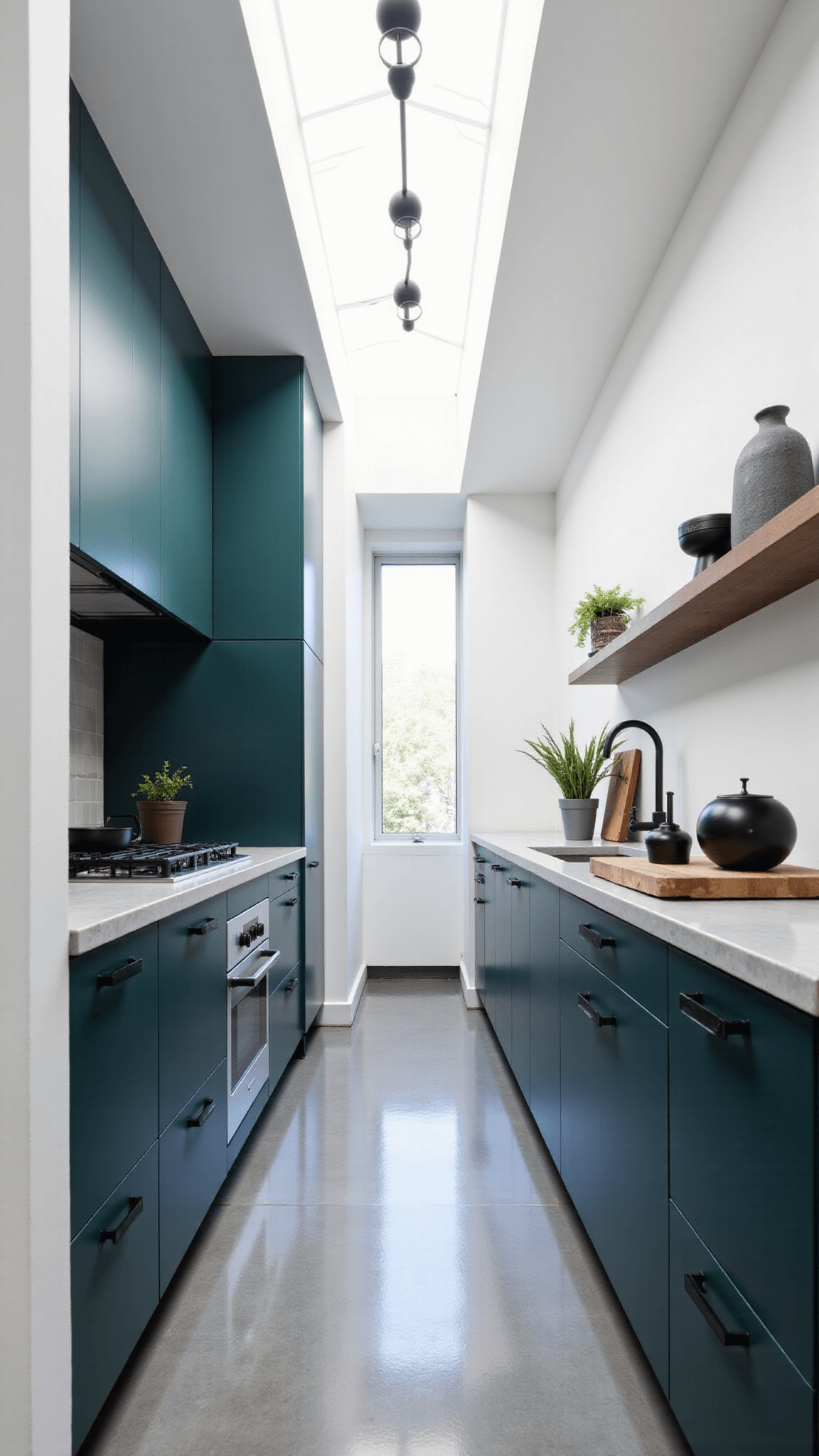 Modern minimalist galley kitchen with teal cabinets, concrete countertops and polished concrete floors, illuminated by dramatic track lighting and morning skylight, styled with geometric ceramics and architectural plant specimens.