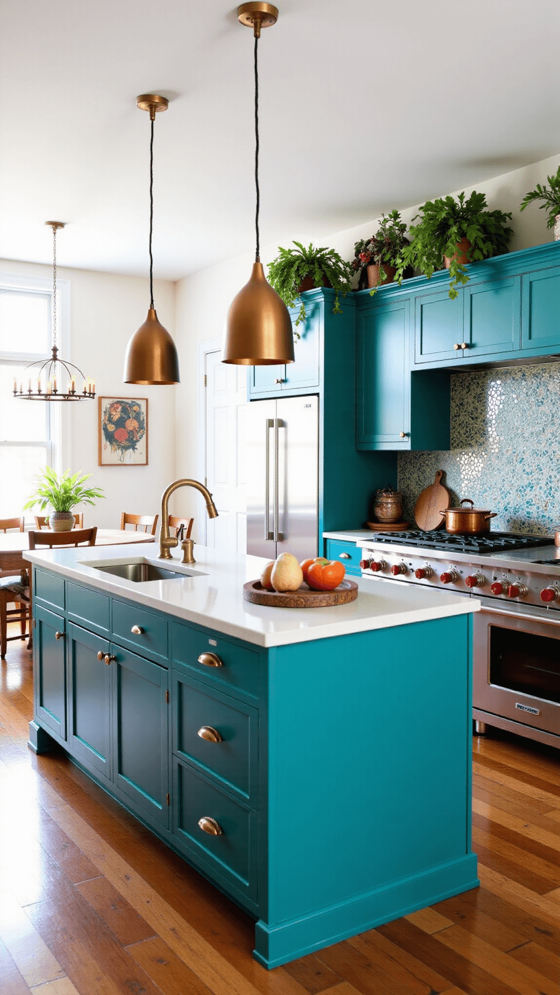 Vibrant teal kitchen island in an eclectic open-concept kitchen with mixed metal finishes, Moroccan tile backsplash, reclaimed wood floors, colorful cookware, and trailing plants. Includes a view into the dining area, lit with afternoon sunlight through floor-to-ceiling windows.