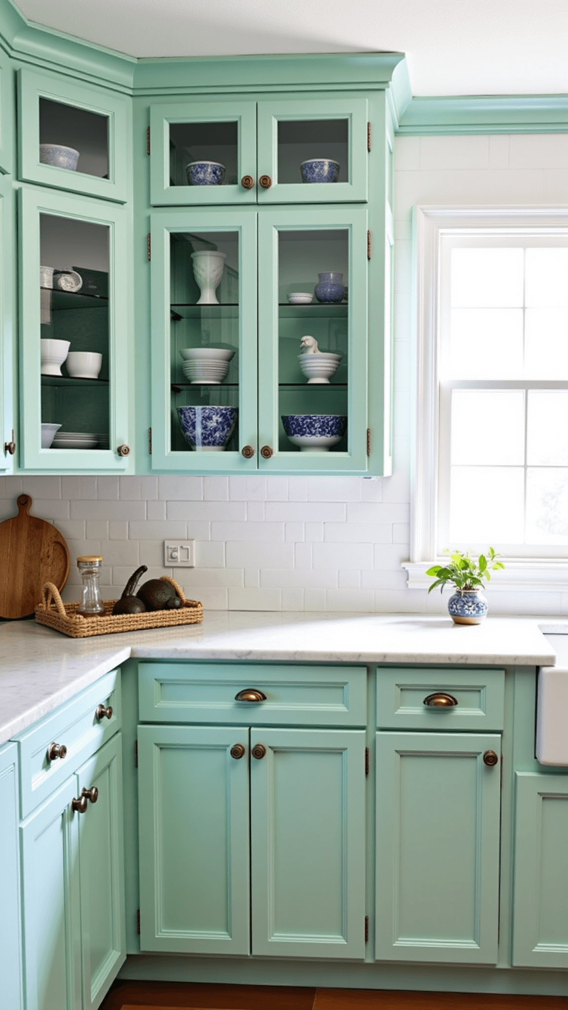 Coastal-inspired kitchen with seafoam teal cabinets, white subway tile walls, glass-front cabinets displaying blue-and-white china, honed marble counters, chrome hardware, natural light through bay windows, beadboard ceiling detail, woven textures, shell collections, blue glassware, and whitewashed oak floors.