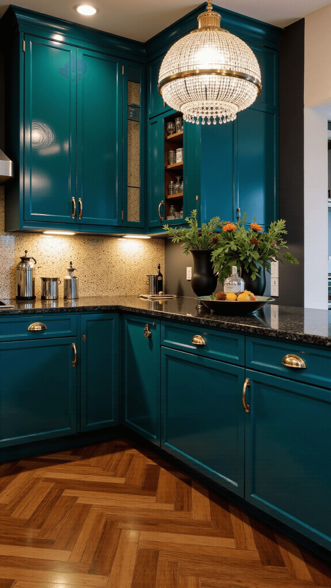 Art deco renovated kitchen with peacock teal cabinets, gold geometric inlays, and black granite counters. Mirrored backsplash and crystal chandelier adds glamour in moody evening lighting. Styled with vintage barware, dark florals, and metallic accessories on herringbone wood flooring.
