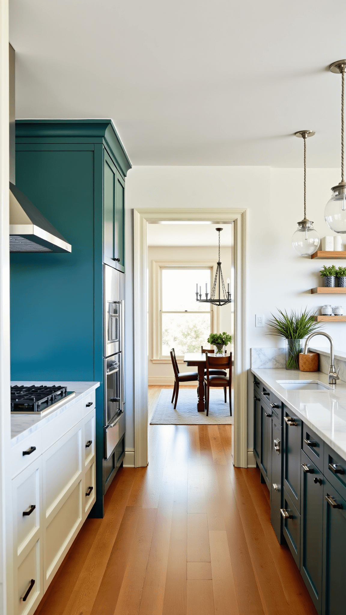 Bright, contemporary-traditional fusion kitchen with teal and cream cabinets, marble backsplash, polished nickel hardware, glass pendant lights, classic ceramics, professional appliances, and potted herbs viewed through dining room doorway on wide-plank oak floors in mid-morning light.