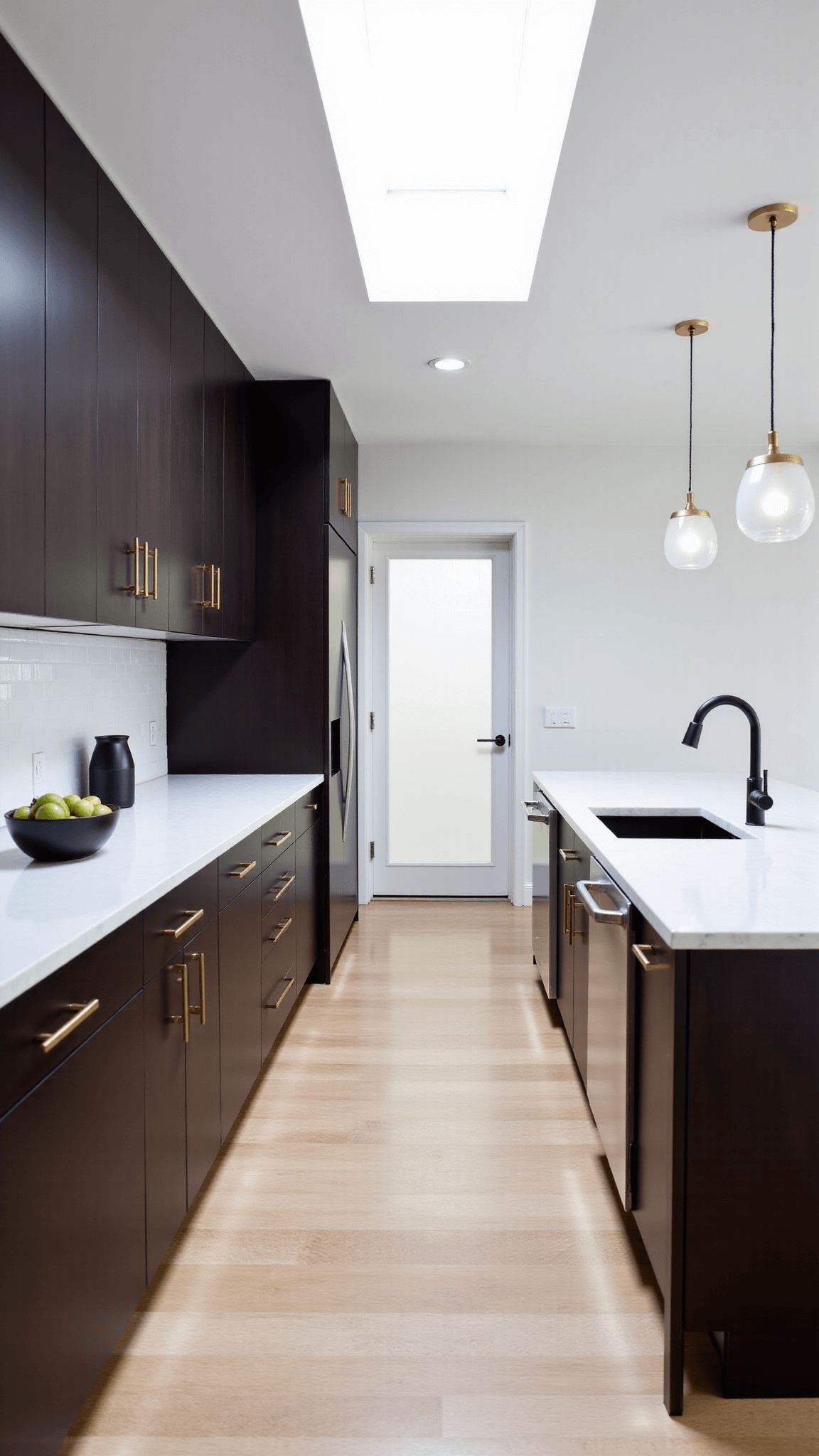 3573modern Galley Kitchen Espresso Brass Quartz