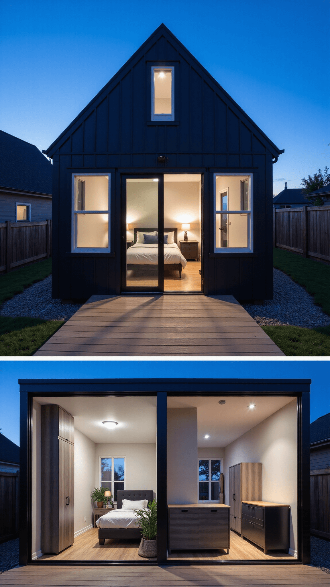 Modern 400 sq ft convertible guest house at dusk with vaulted ceilings, clerestory windows, and a murphy bed system that transforms into home office, divided by custom sliding panels and furnished with modular pieces in charcoal grey and navy. Space is illuminated by an integrated LED lighting system, with a color palette of cool greys, navy, and brushed steel.