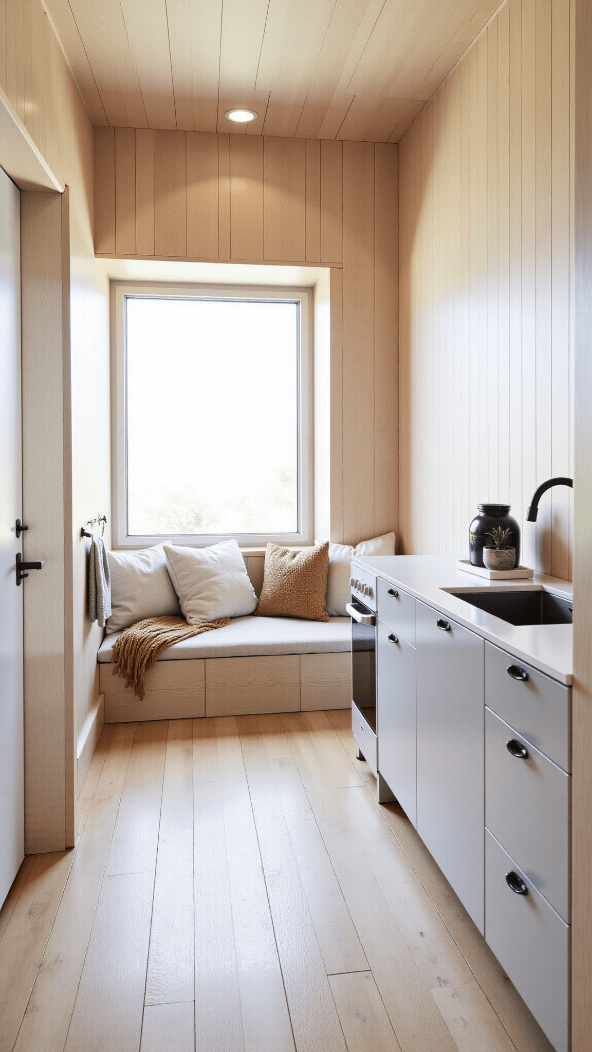 Scandinavian-inspired 450sq ft guest retreat featuring blonde wood paneling, white oak flooring, sleek kitchenette, large picture window with built-in seat, sheepskin throws and light wood, white, and grey color palette in morning light creating a cozy and serene atmosphere.