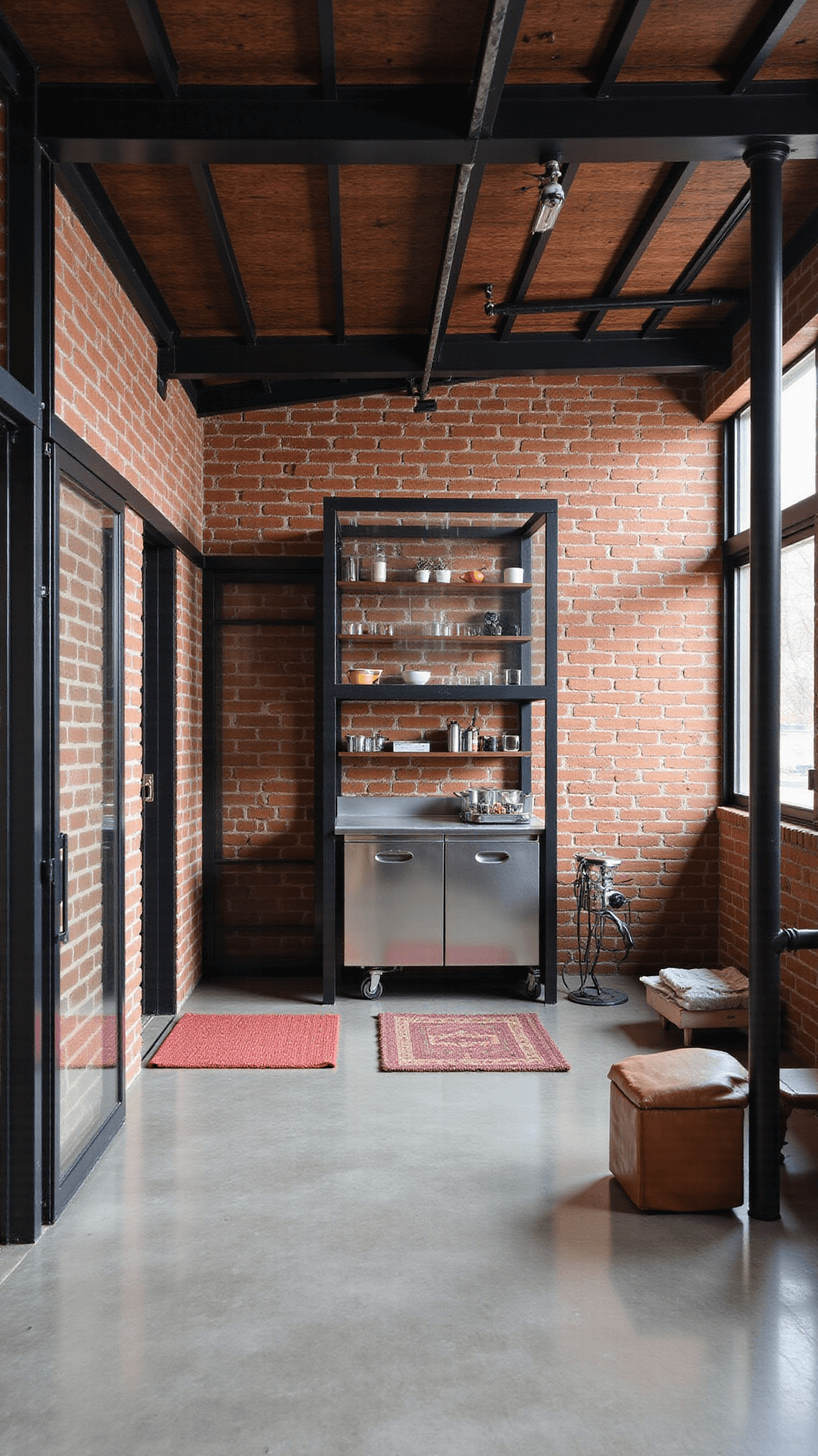 Midday view of a 350 sq ft industrial-chic converted shed studio with polished concrete floors covered by area rugs, exposed steel beams, original brick walls, a stainless steel kitchenette and a custom steel-framed glass partition separating the sleeping area in a color palette of warm brick reds, cool greys, and blackened steel, with strong directional lighting for texture emphasis.