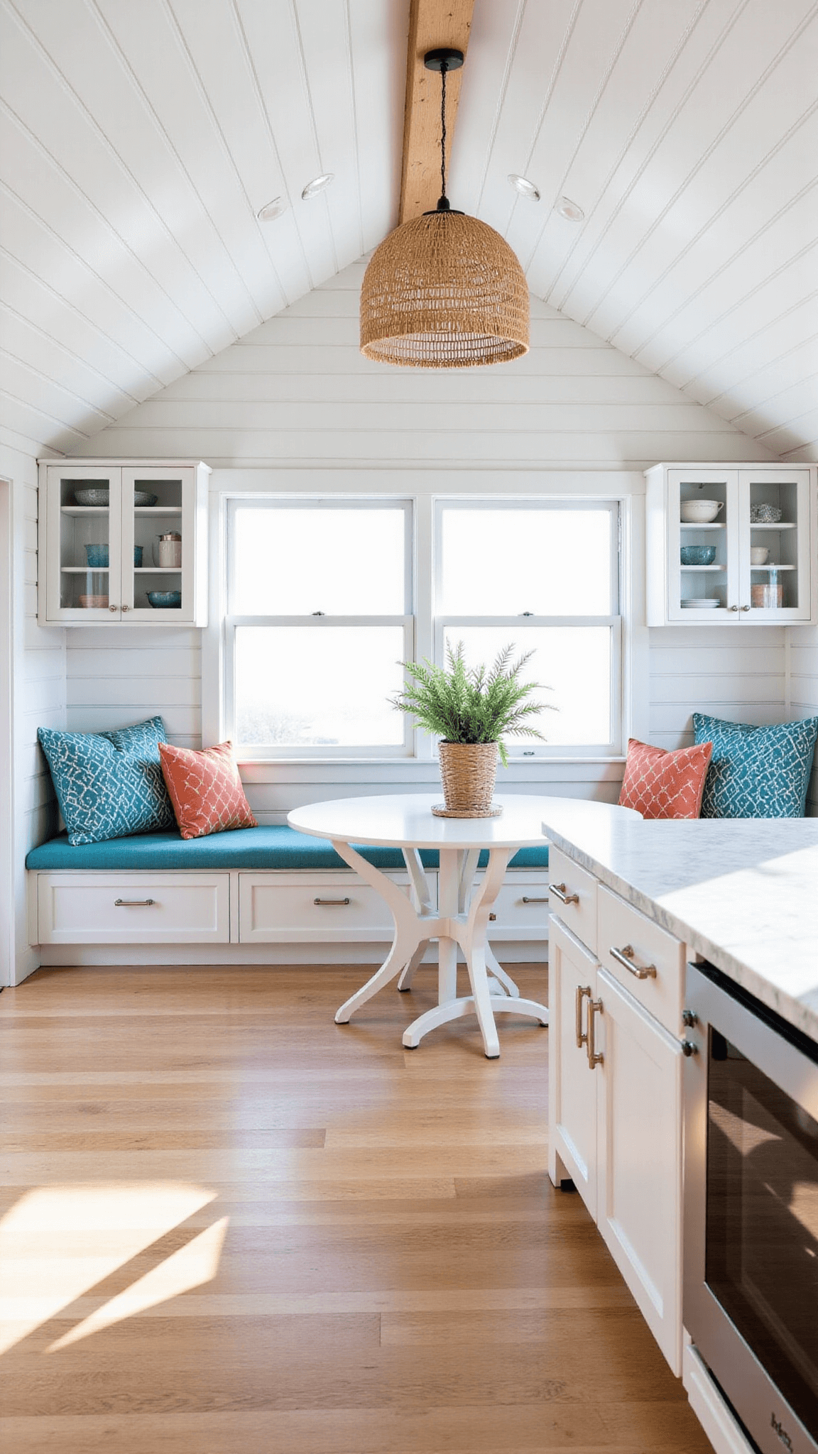 Bright and airy coastal cottage guest house with shiplap walls, white-washed wood floors, built-in window seats, compact kitchen with marble counters, and a casual dining nook, decorated in a crisp white, sea glass blue, and coral color palette, capturing a beach house atmosphere.