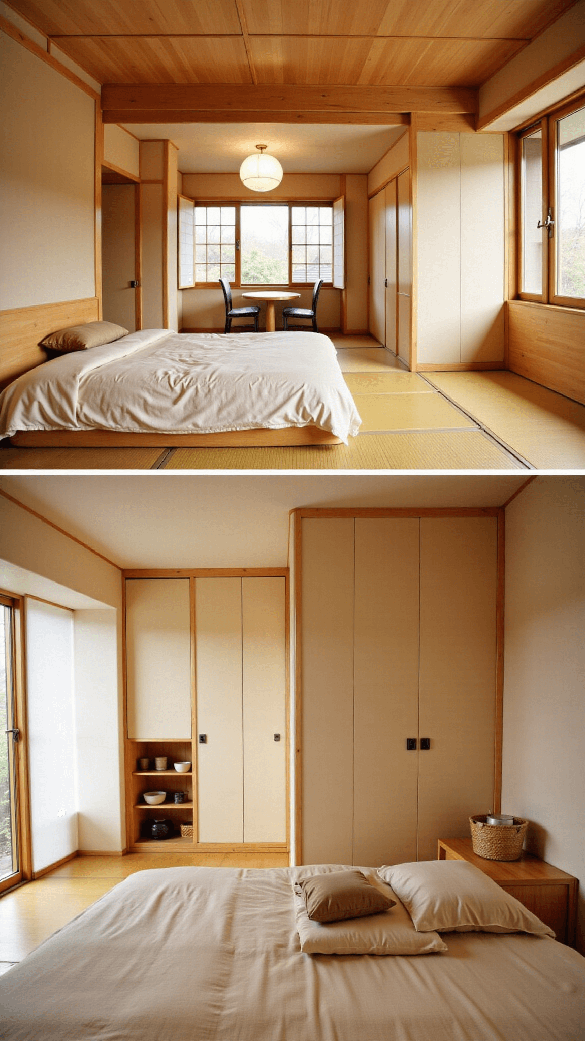 300 sq ft Japanese-inspired micro guest house with sliding shoji screens, tatami flooring, hidden storage solutions, minimalist tea station, low platform bed, in a warm neutral color palette at sunrise, creating zen-like calm atmosphere.