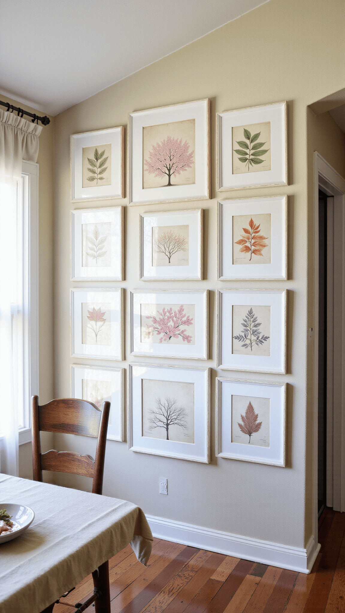 Rustic 15x20ft dining room with vaulted ceiling, seasonal watercolor prints and vintage botanical charts on the wall, with a soft, muted color palette of blush pink, sage, amber, and winter white highlighted by late afternoon light filtering through linen curtains.