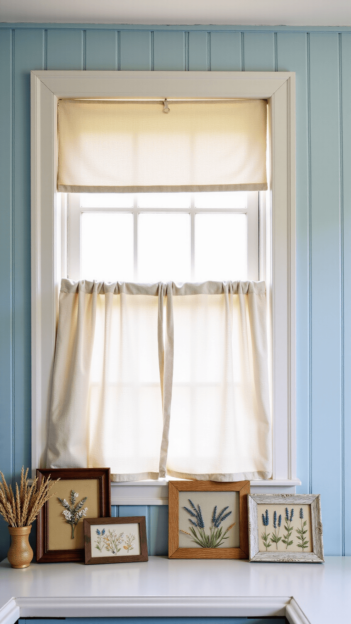 Charming cottage kitchen with beadboard wainscoting, bathed in morning light illuminating pressed wildflower arrangements in vintage frames on pale blue walls, complemented by a soft pastoral color palette.