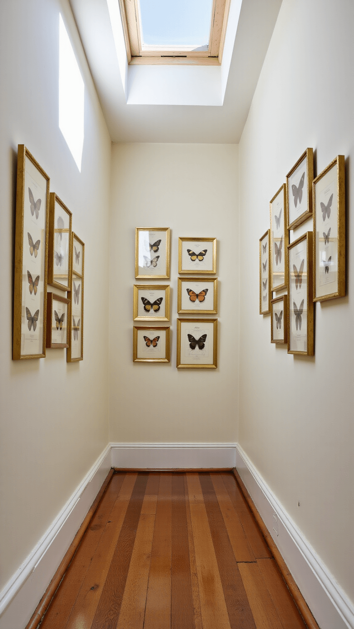 Vintage butterfly and moth illustrations in brass frames in a naturally lit 10x12ft hallway with hardwood floors, viewed from floor level.