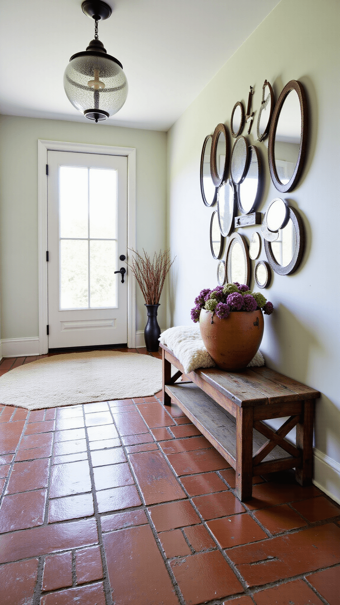 Light-flooded 10x12ft entryway with antique brick floor, wooden bench with sheep wool cushions, a gallery wall of vintage mirrors, large industrial pendant light and console table topped with dried hydrangeas, captured with a wide-angle lens from the entry view.