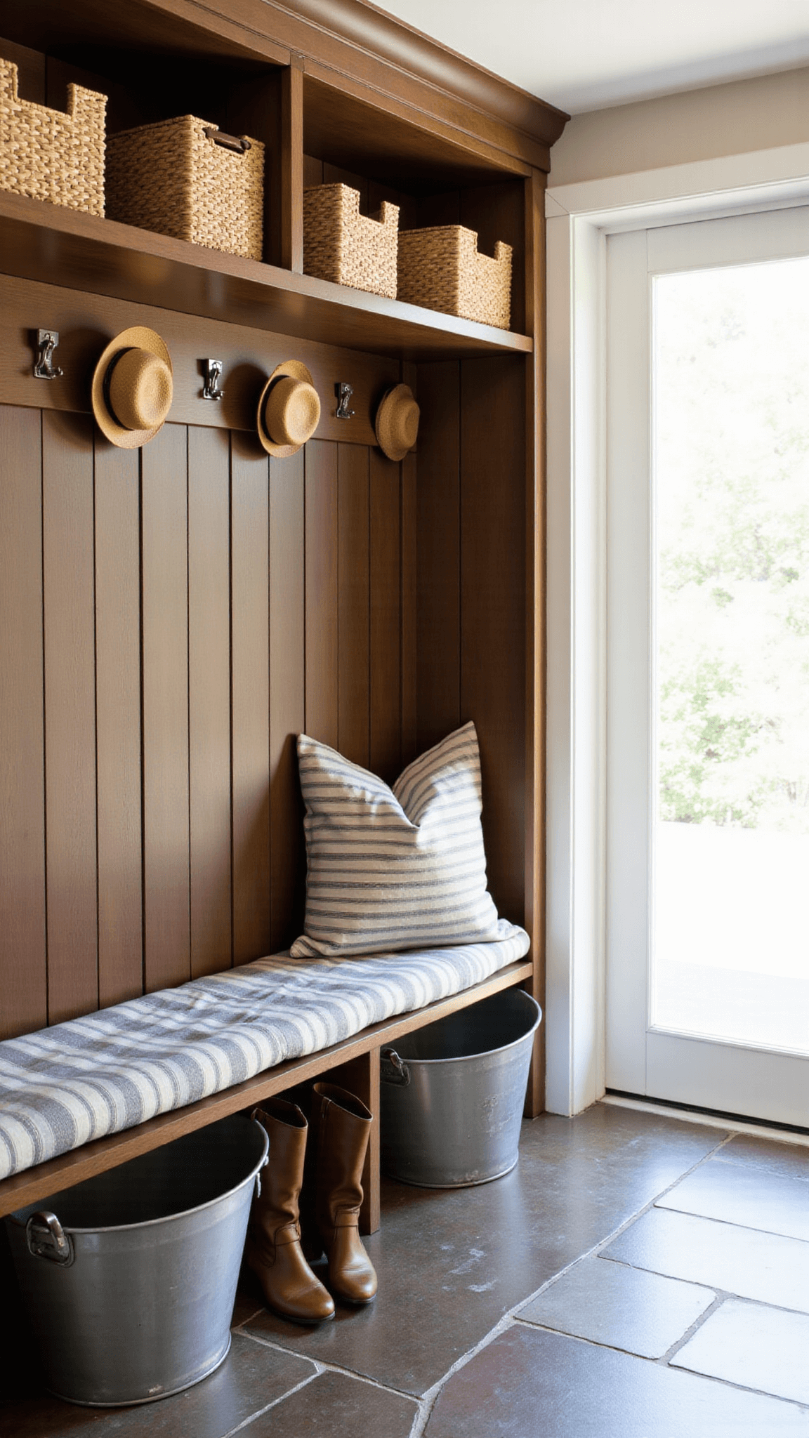 Cozy 10x12ft mudroom with built-in beadboard panel storage, weathered oak hooks and bench seating, zinc boot trays underneath ticking stripe fabric cushions, floating shelves displaying vintage hats and woven baskets, and slate flooring, illuminated by soft afternoon light.