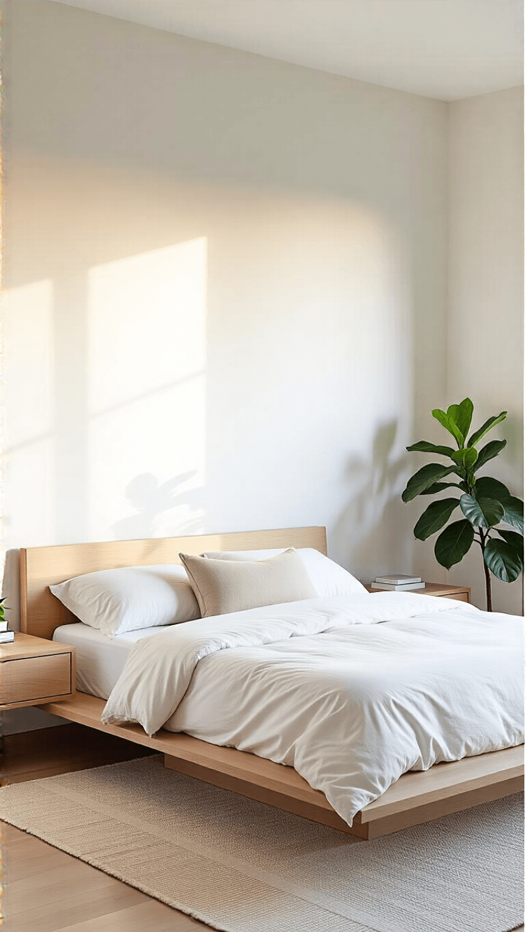 Minimalist 14x16ft bedroom with king platform bed in bleached oak and matching floating nightstands, accented with white bedding and oversized linen pillow, photographed at sunrise with emphasis on morning light and geometric harmony.