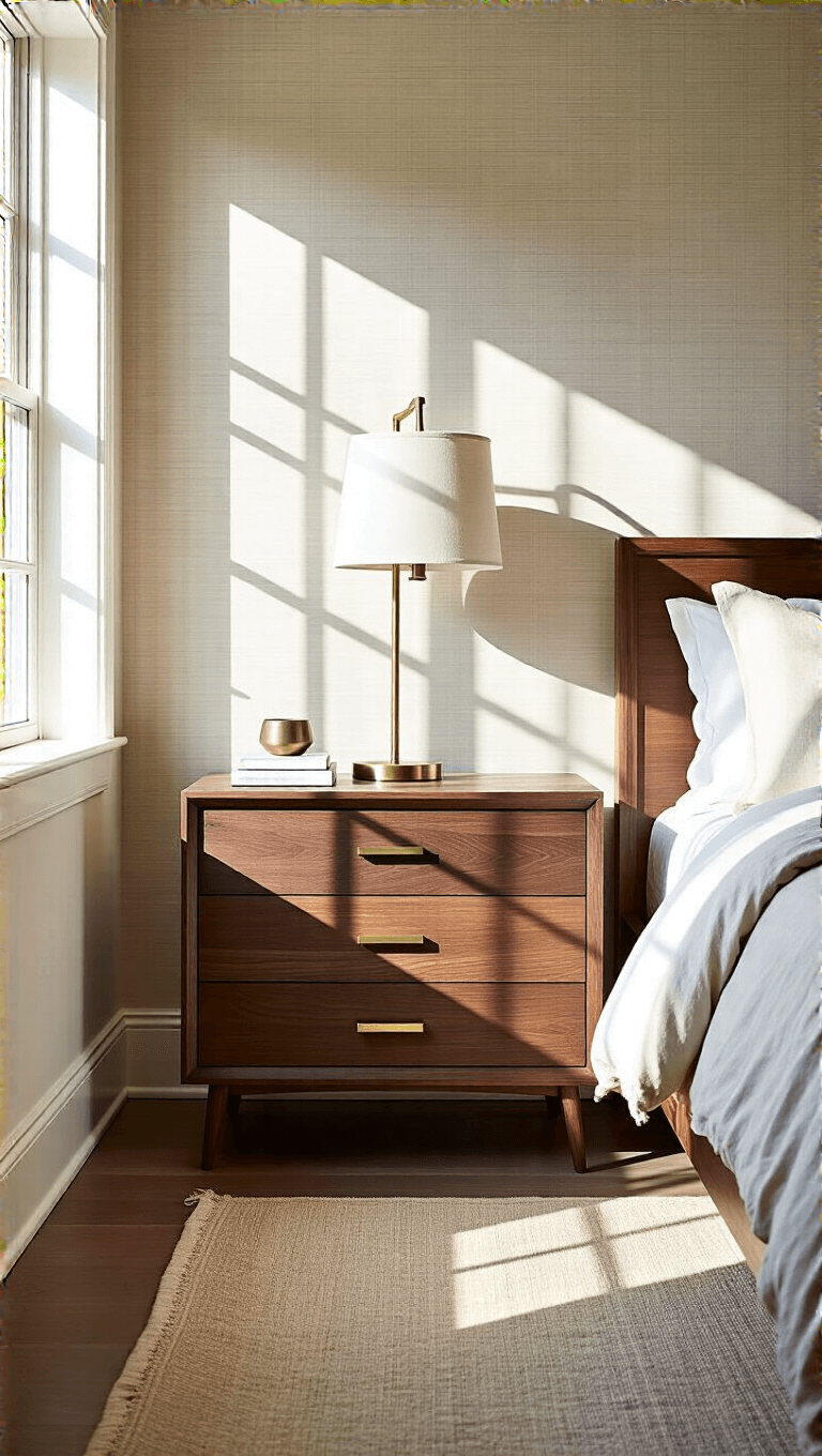 Master bedroom with walnut Japandi nightstand, white oak flooring, and textured grasscloth wallpaper, bathed in morning light creating long shadows.