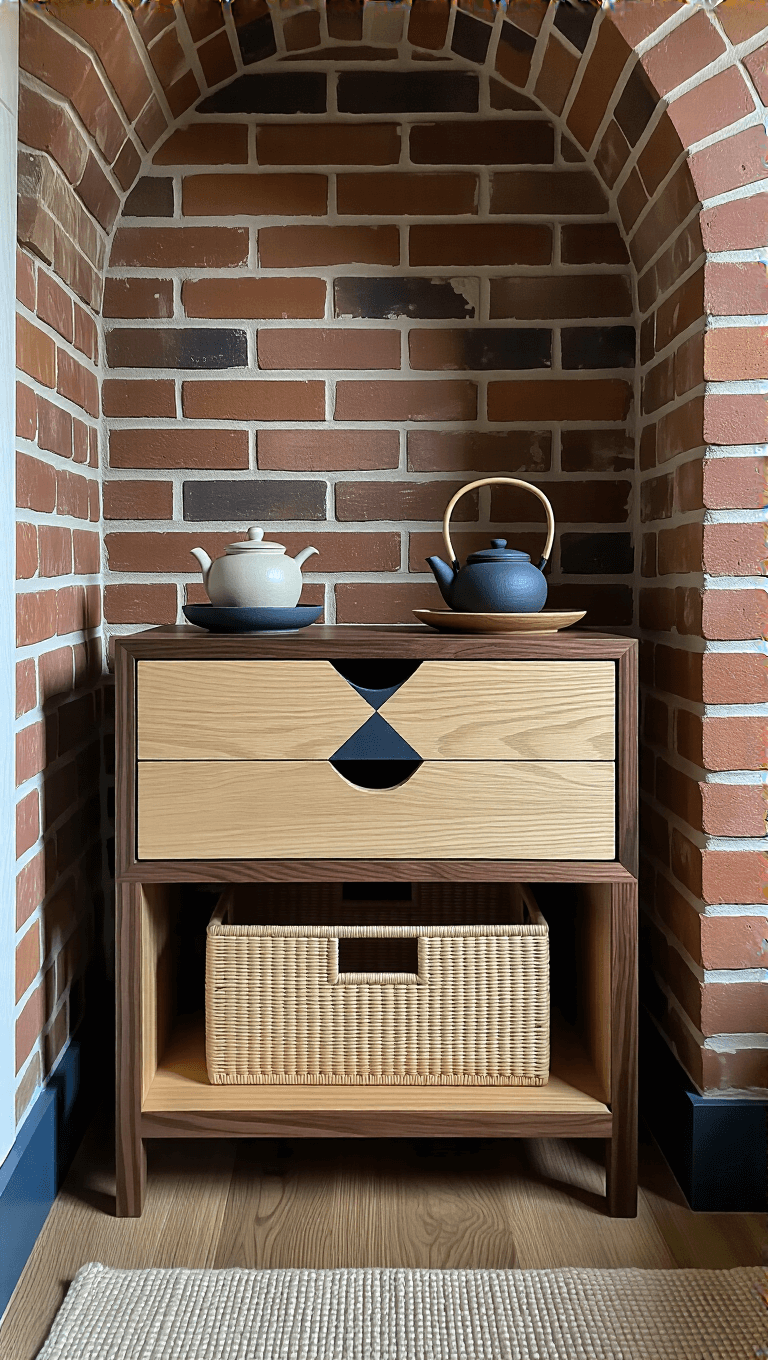 12x13ft cozy Nordic-Japanese fusion bedroom alcove with painted brick walls, a Japandi nightstand with walnut and pale oak, geometric drawer design, handmade Japanese tea set, and woven storage basket in a dramatic three-quarter view, lit in moody evening light.
