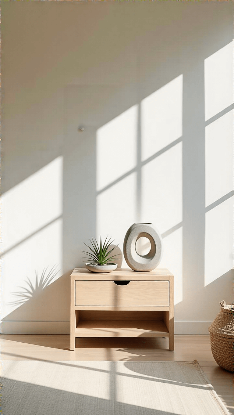 Bright, minimalist 15x17ft bedroom with sliding shoji screens, bleached oak Japandi nightstand with invisible drawer pulls, a sculptural concrete lamp and an air plant in shallow dish. The room is lit by mid-day sun, casting clean shadows.