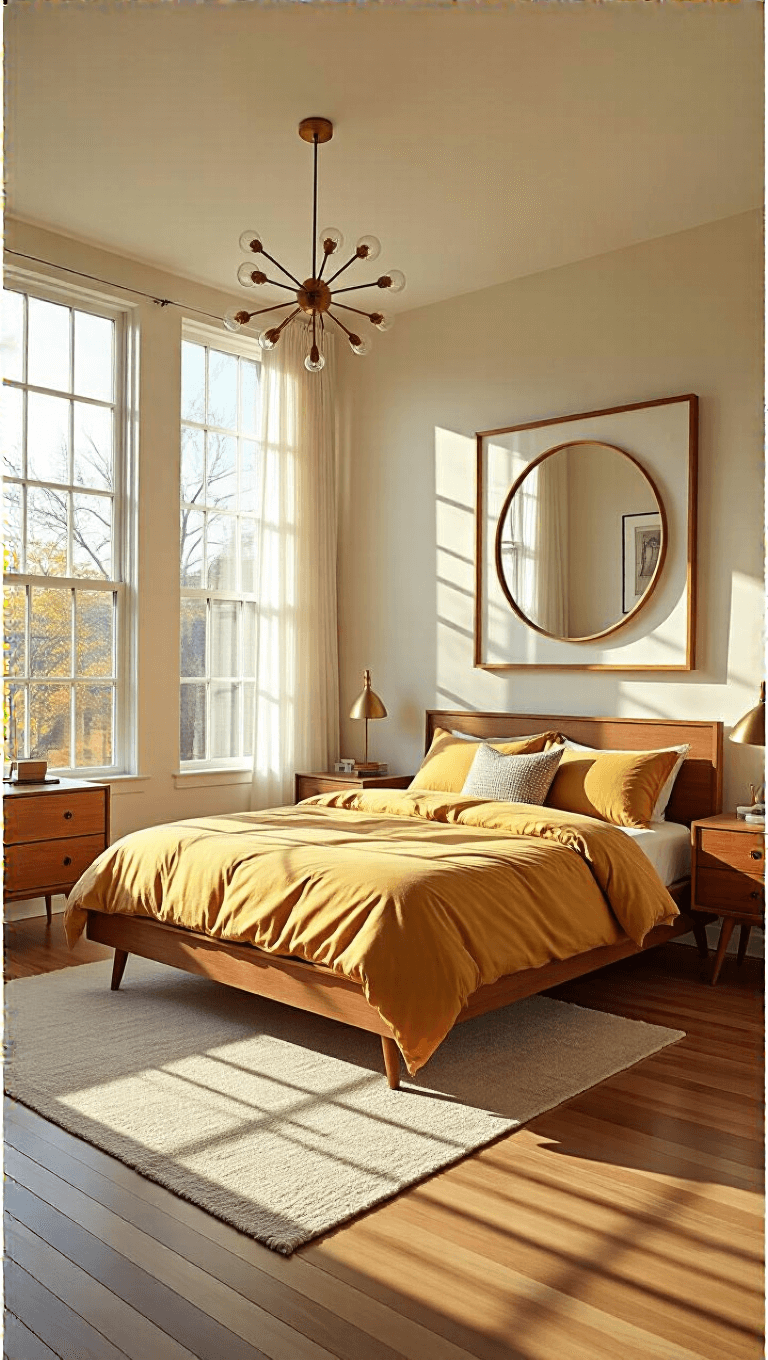 Sunlit spacious bedroom with mid-century decor, walnut nightstands, mustard yellow linen duvet, and abstract art piece above bed.