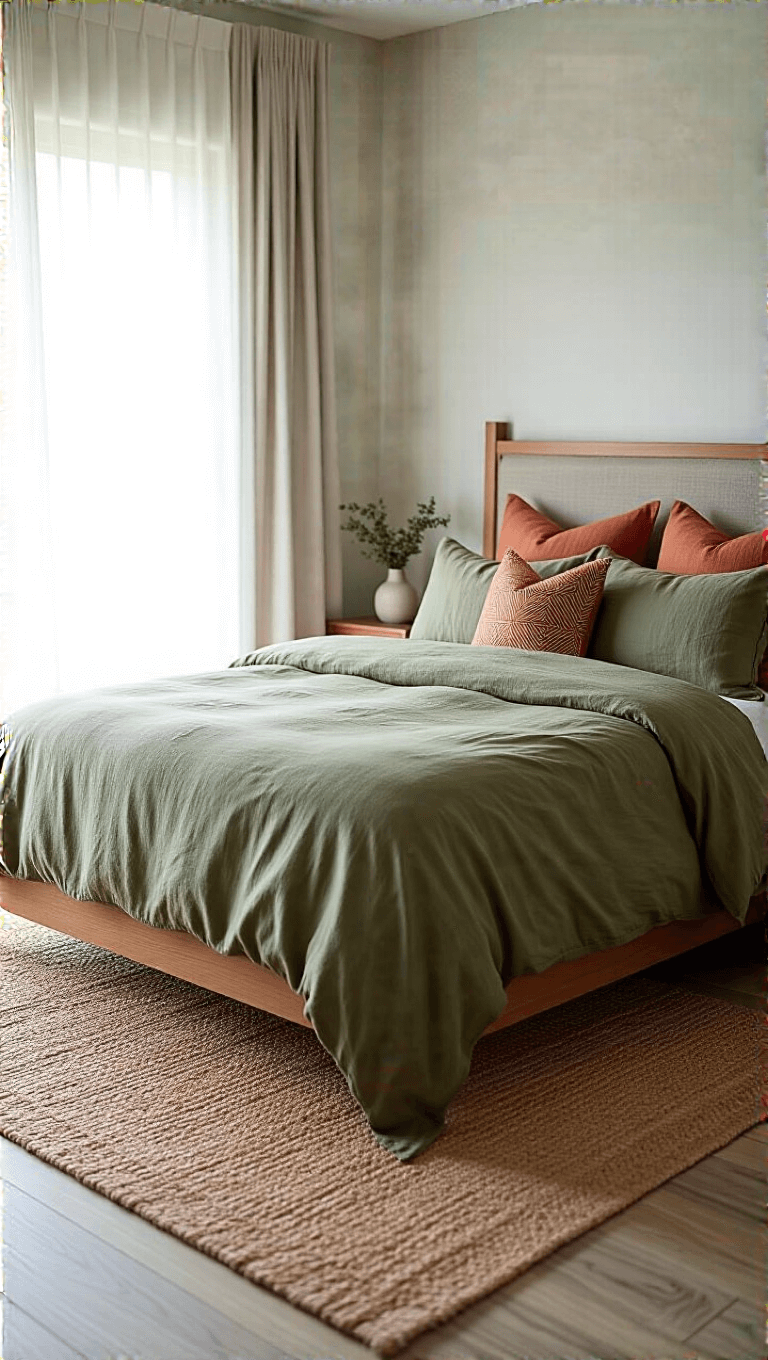 Overhead view of a 12x12ft primary bedroom at dawn, with sunlight filtering through sheer curtains onto an olive green French linen bed with terracotta pillows and a herringbone throw, located against light grey walls with a teak headboard and a handwoven jute rug on the floor.