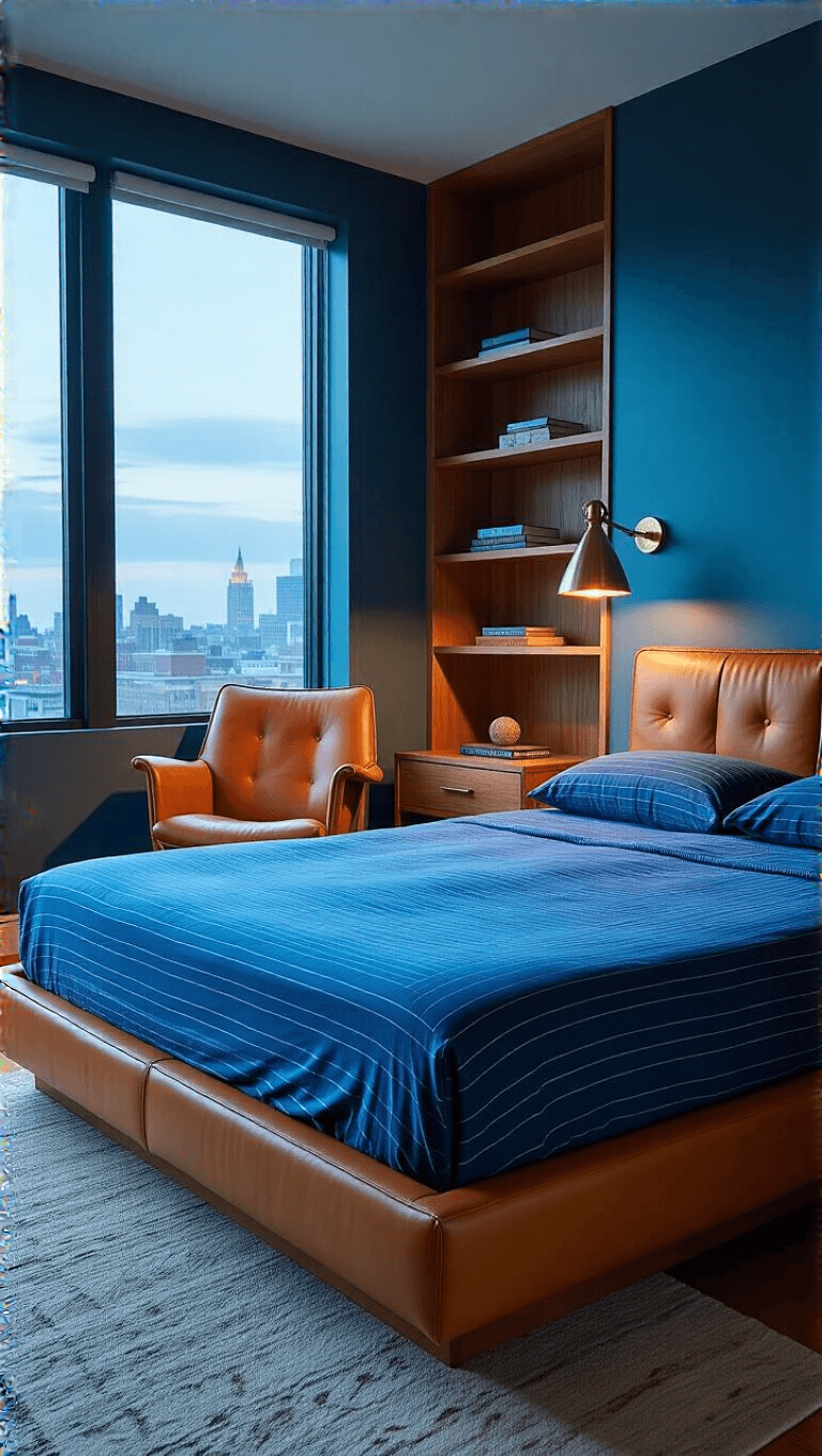 Corner bedroom with blue bamboo sheets on platform bed, camel leather headboard, built-in walnut shelving, architectural window, and reading nook with MCM chair and brass floor lamp during blue hour