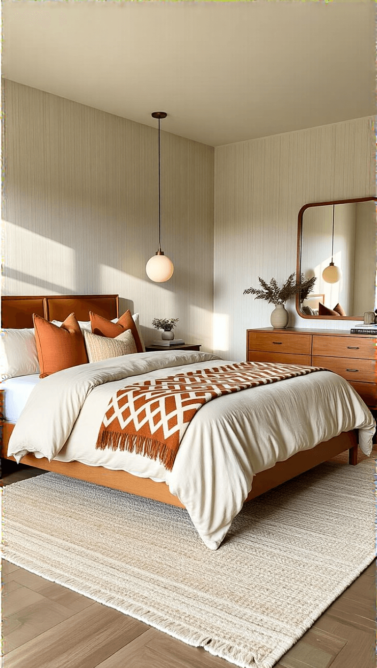 Sunlit master suite with California king bed, oatmeal linen duvet, geometric print throws, MCM dresser, mirror set, and pendant lighting.