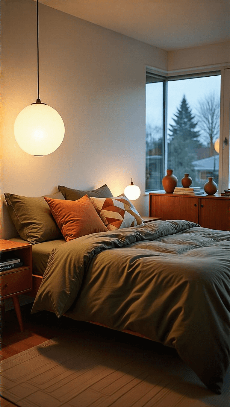 Modernist bedroom at dusk with mood lighting, deep olive bedding, abstract geometric pillows, floating nightstands, window frames and vintage teak credenza