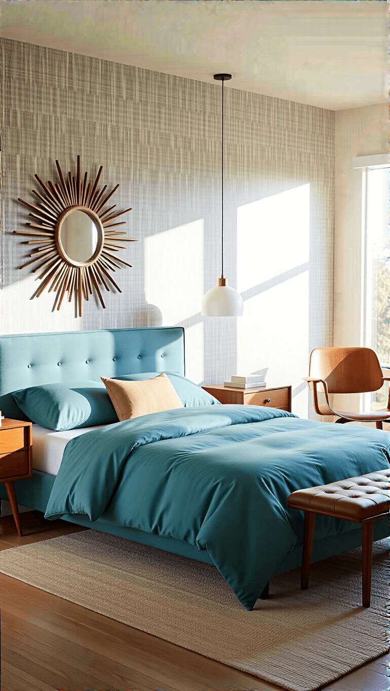 Compact guest bedroom with microfiber bedding, starburst mirror over floating headboard, woven wallpaper, wood surfaces, and iconic Eames chair in morning light