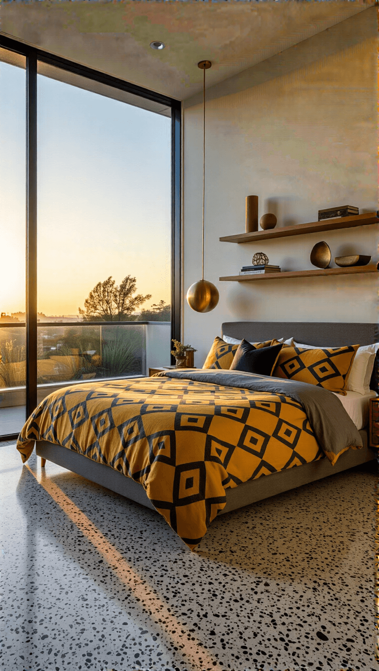 High-angle view of a symmetrical master bedroom at sunset featuring statement bed with geometric mustard and charcoal French linen, terrazzo flooring with long shadows, brass lighting fixtures, and floating shelves with MCM accessories.