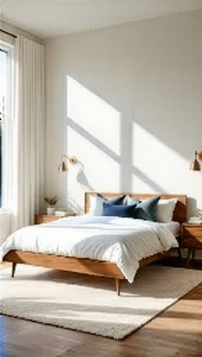 Sunlit modern master bedroom with walnut MCM bed frame, Danish-inspired furniture, white linens, sage and navy geometric pillows, and minimalist artwork, viewed from doorway.