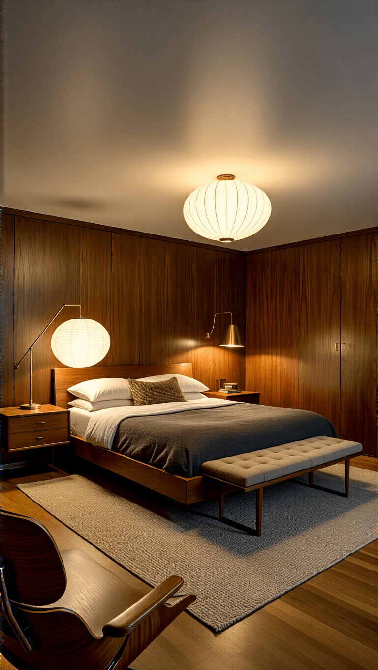 Mid-century master suite with low-slung walnut bed, built-in panels, Eames chair, brass lamp, Nelson bubble lamp, and warm color palette in dramatic dusk lighting.