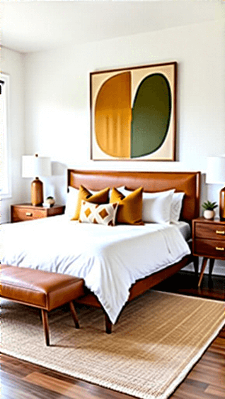 Mid-century bedroom with white walls, walnut furniture, caramel leather accents, white linen platform bed with geometric mustard and olive pillows, vintage nightstands, large-scale earth toned abstract art, and layered silk, linen, and natural fiber rug.