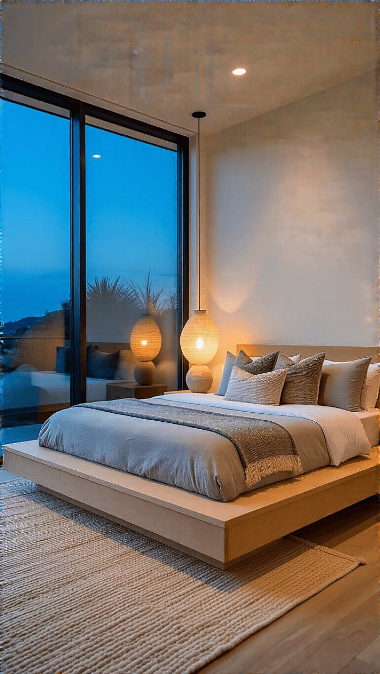 Minimalist mid-century bedroom with low platform bed in bleached oak, grey and ivory bedding, handwoven textile art accents, and sculptural ceramic table lamps, viewed at twilight from the corner.