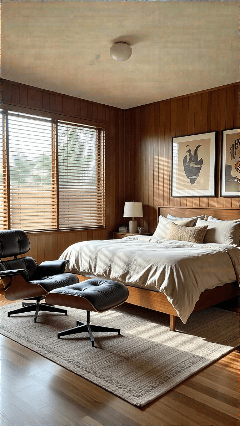Mid-century master bedroom with morning light filtering through wooden blinds, highlighting a California king bed in luxe linen, a black leather reading nook, and vintage art posters.