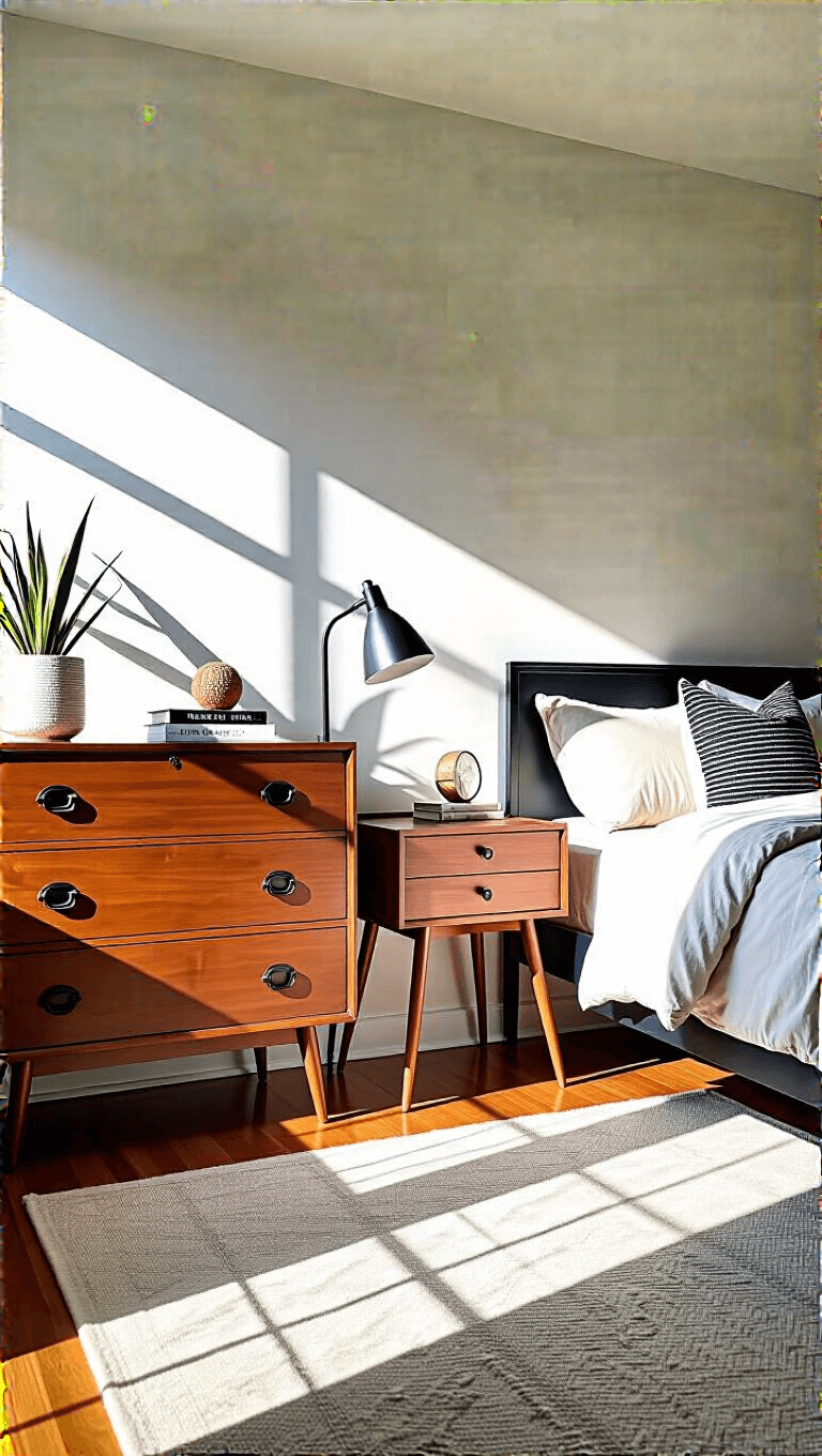 Mid-century styled budget-friendly 10x12ft bedroom featuring refinished vintage dresser, modern reproduction nightstands, matte black hardware and geometric prints in natural afternoon light.