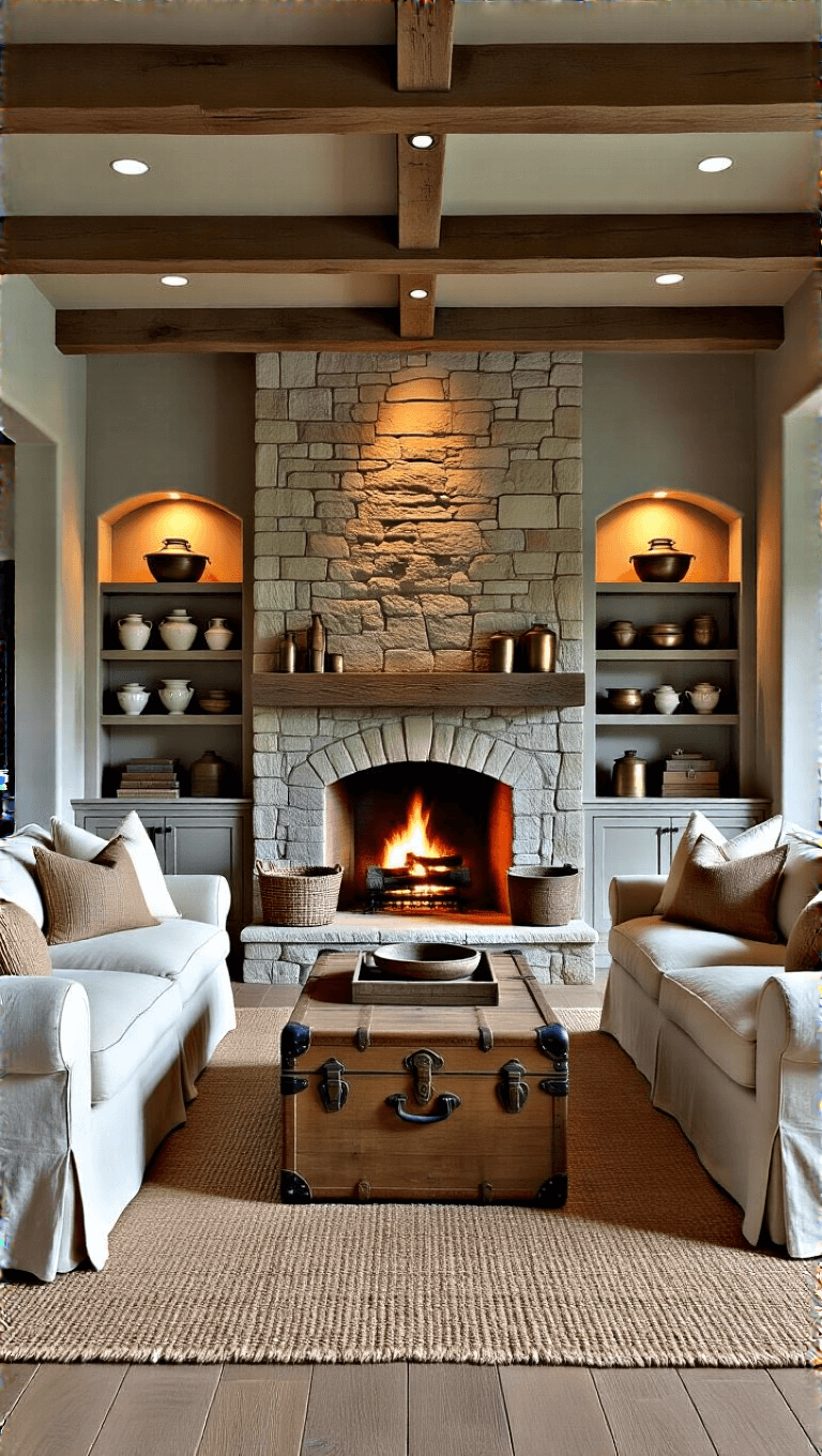 Rustic living room at dusk with stone fireplace, reclaimed wood mantel, ironstone and brass collections on built-in shelves, linen slipcovered sofa with handwoven cushions, and vintage trunk coffee table with warm grey, ivory, and deep brown color scheme.