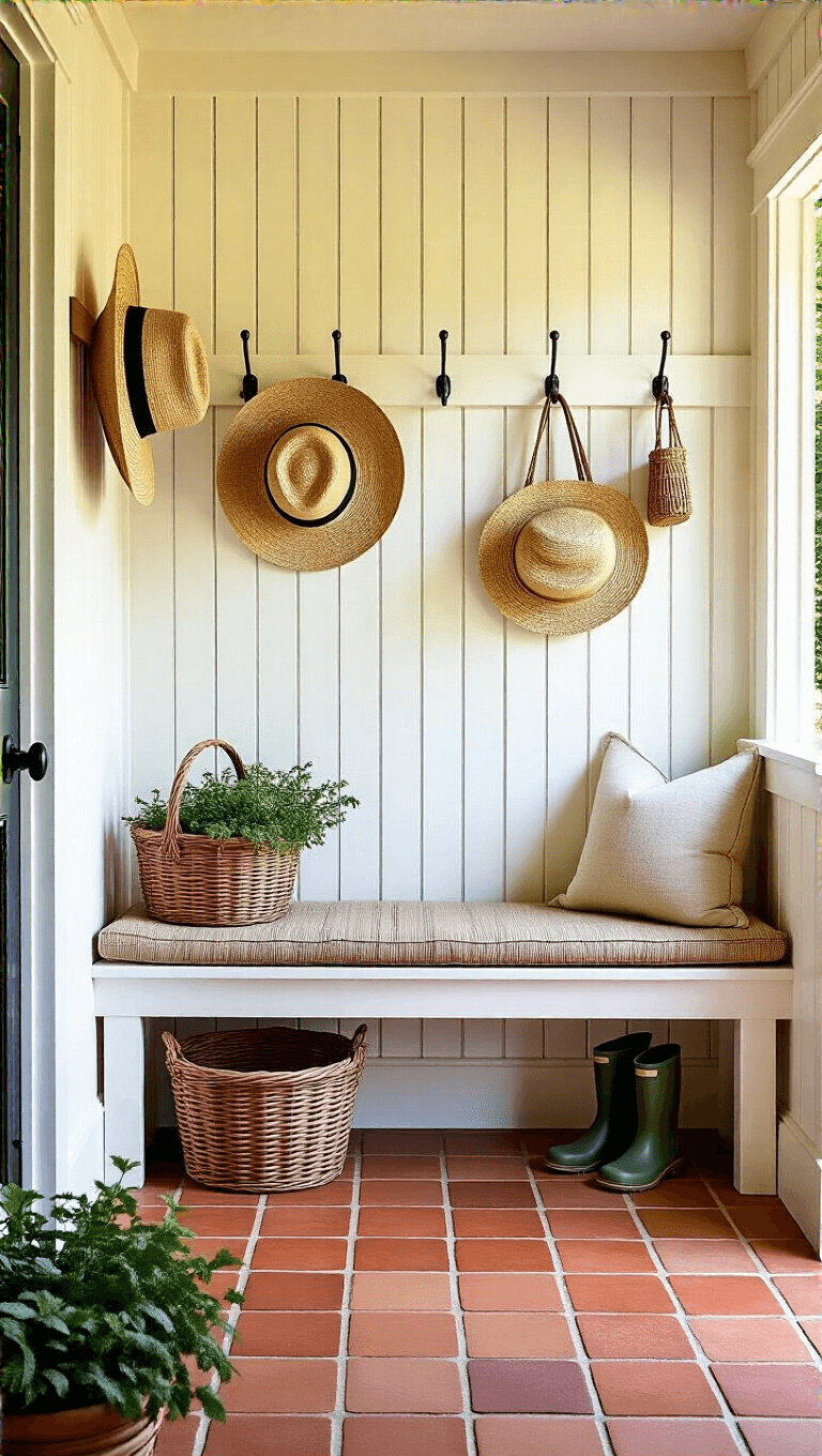 Mudroom entrance at sunset featuring beadboard walls, straw hats and market baskets on hooks, and a bench with a woven cushion beneath over terracotta tile floor, detailed textures with warm colors.