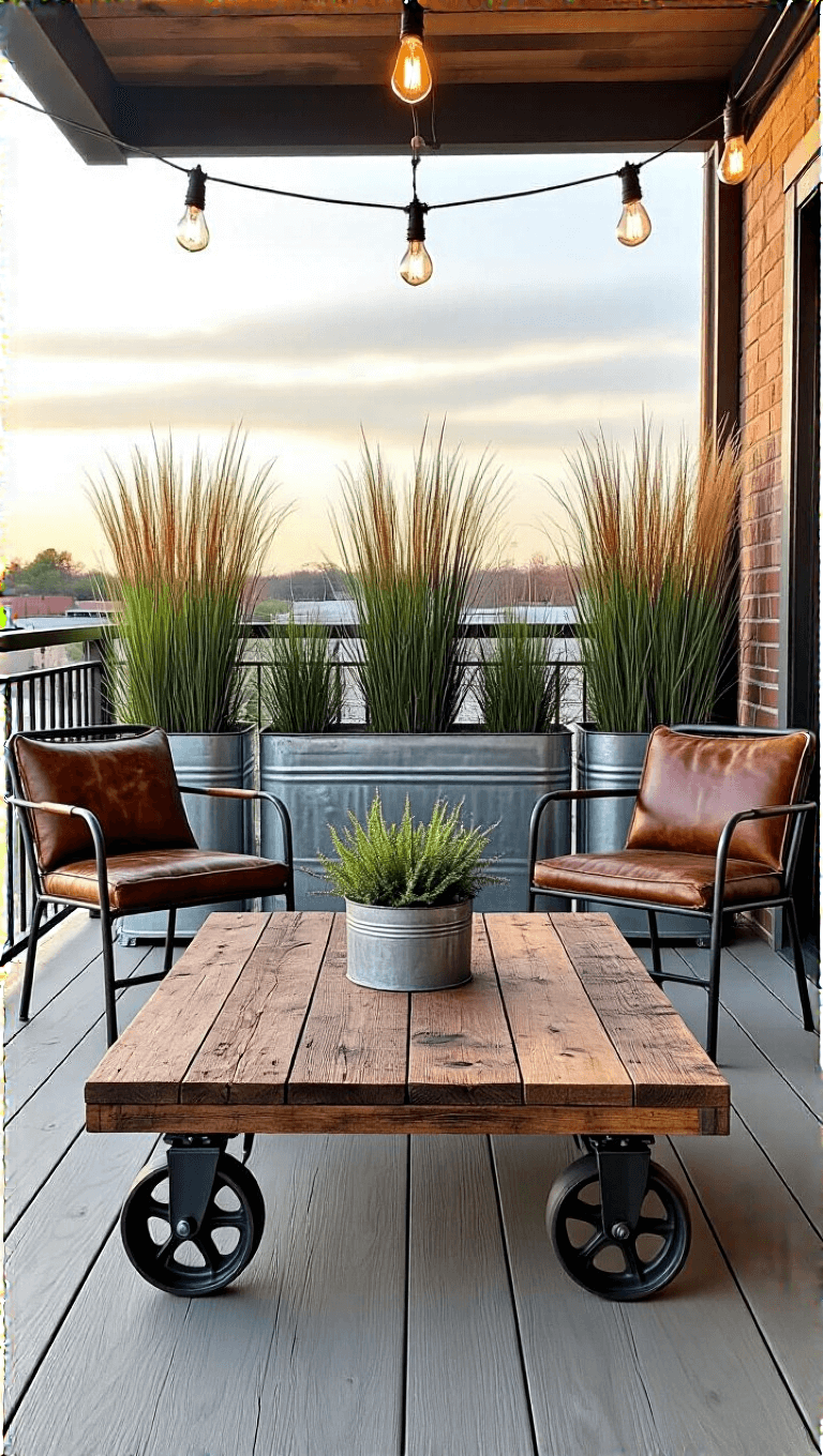 Rustic industrial 6x9ft balcony featuring reclaimed wood coffee table on wheels, vintage metal chairs with distressed leather cushions, tall grass in steel planters, Edison bulb string lights and highlighted by afternoon natural light.