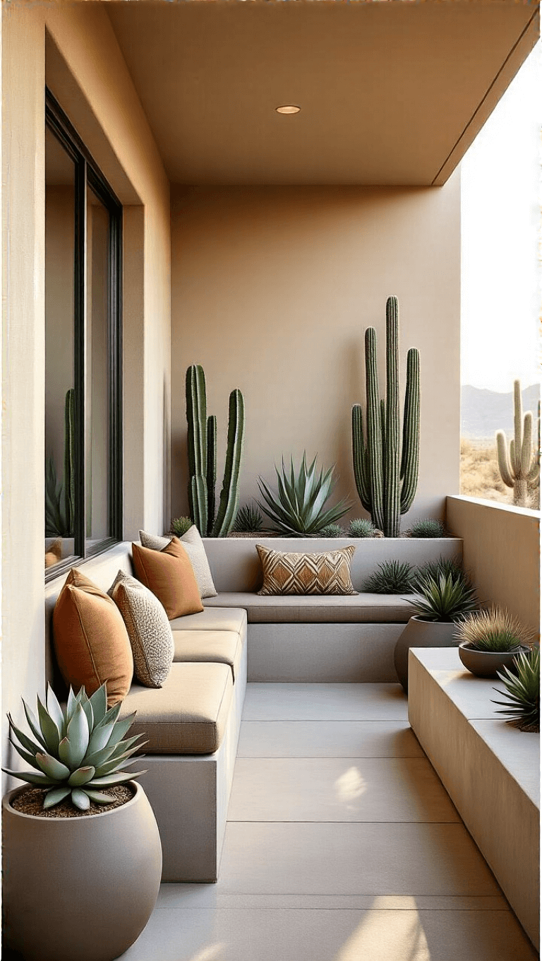 Modern desert oasis on a 6x7ft balcony in late afternoon light with a concrete bench adorned with earth-toned cushions, architectural cacti and succulents in contemporary planters, and neutral textiles with subtle geometric patterns.