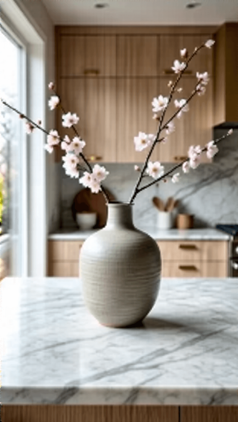 Contemporary open-concept kitchen with oversized ceramic Japandi vase on marble island, highlighted by morning eastern light and adorned with ikebana cherry blossom arrangement, surrounded by pale oak cabinetry and minimal brass fixtures.