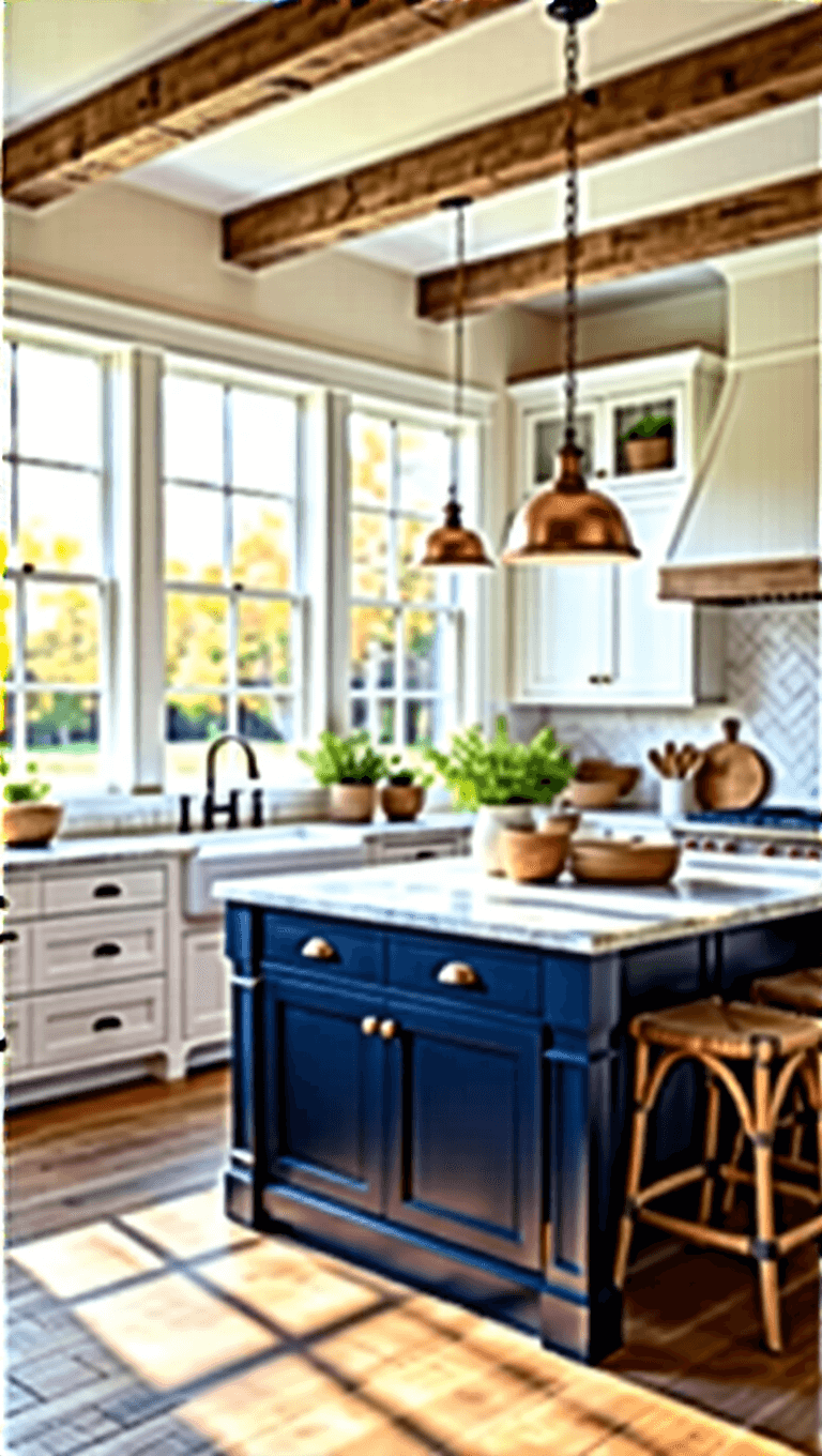 Sunlit farmhouse kitchen with high ceilings, white shaker cabinets, navy island with marble top, oak flooring, copper and ceramic accessories, antique cutting boards, woven baskets, and herb planters at golden hour.